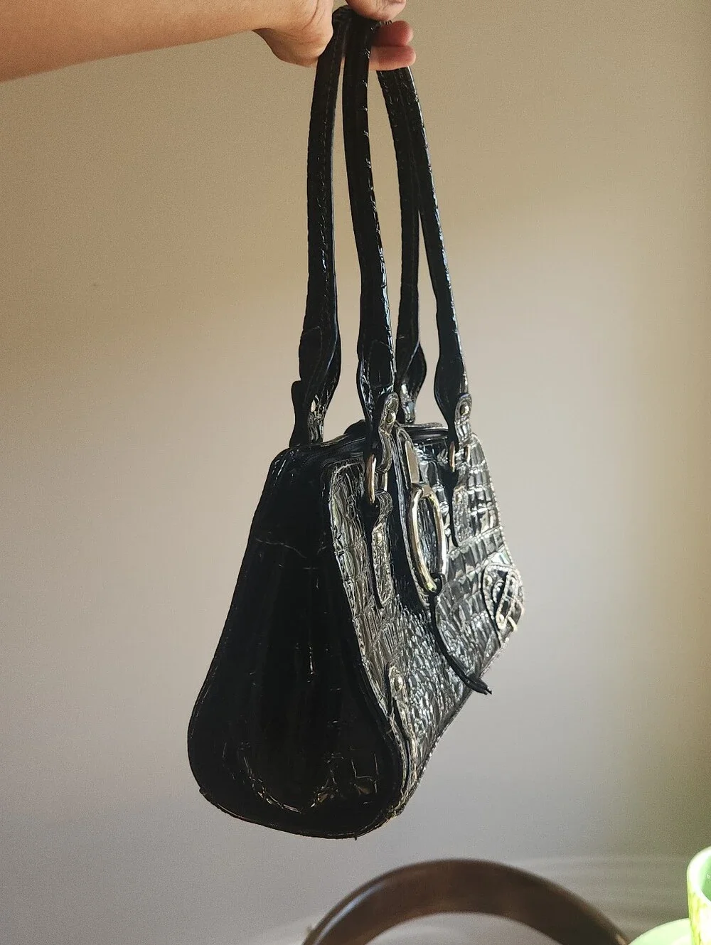 Vintage Black Croc Embossed Vinyl Satchel Handbag Silver Hardware Top Handle Pur